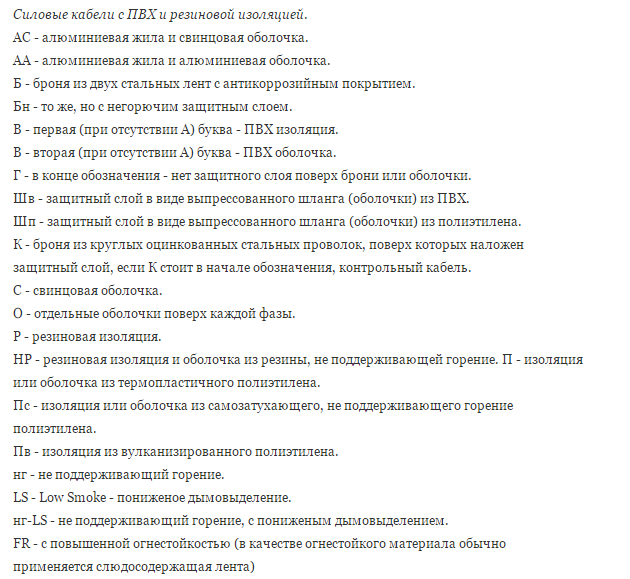 Маркировка кабелей и проводов расшифровка