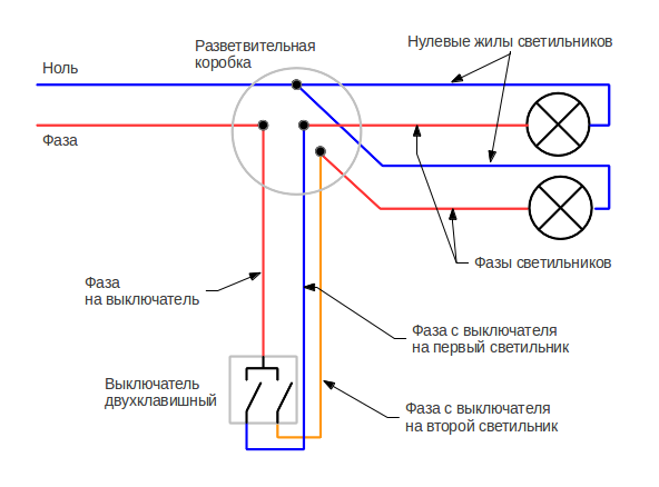 Схема подключения двухклавишного выключателя